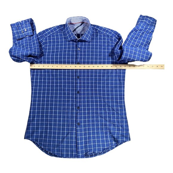 Fredrick Martin Shirt Mens M Cotton Blue Plaid Textured Embroidered Logo Pocket - Picture 5 of 16